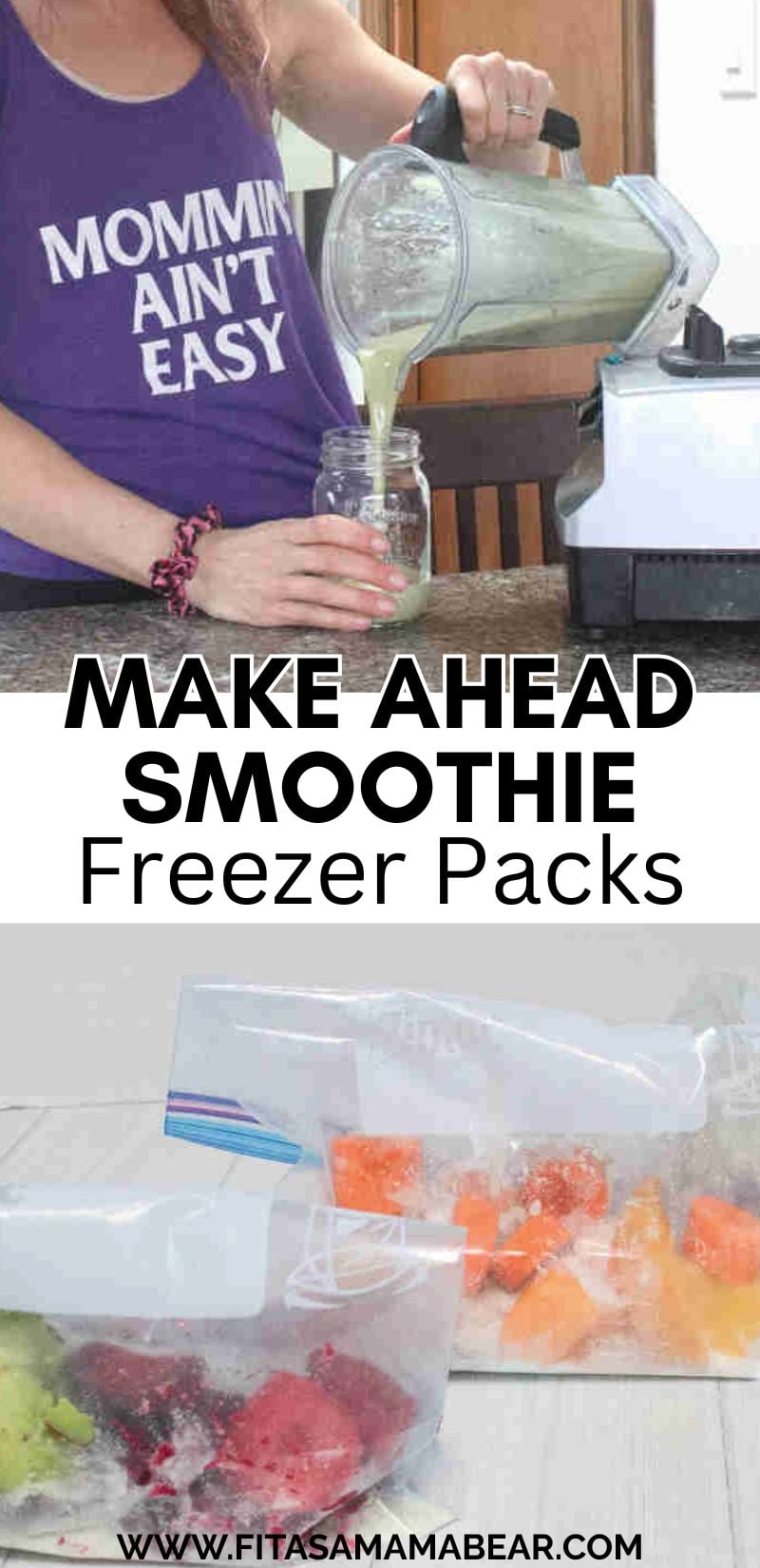 Two images the top of a woman pouring a smoothie and the bottom of smoothie freezer packs.