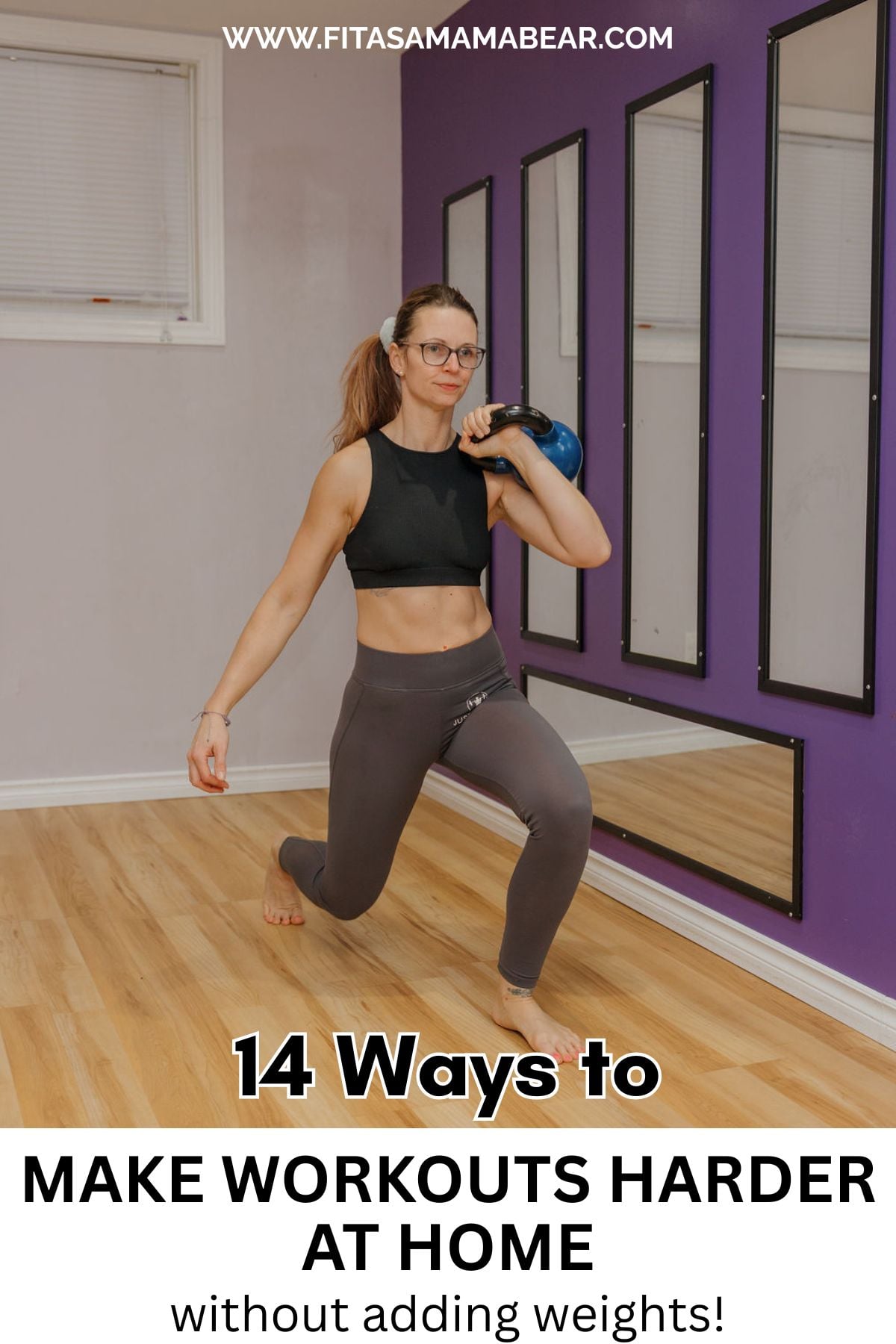 Woman in a lunge position with a kettlebell on her shoulder and text below the image.