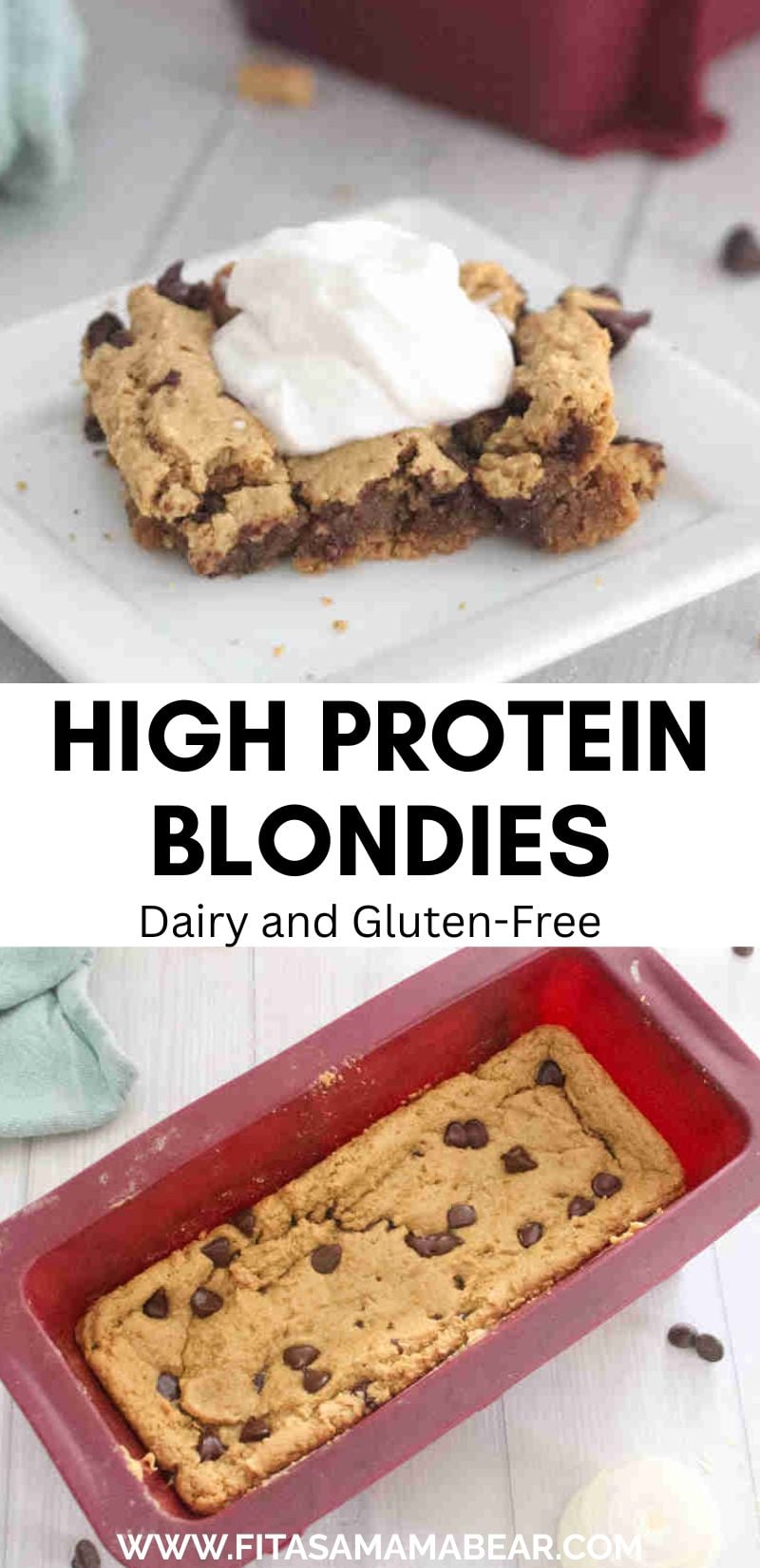 Two images of protein blondies with text between them.