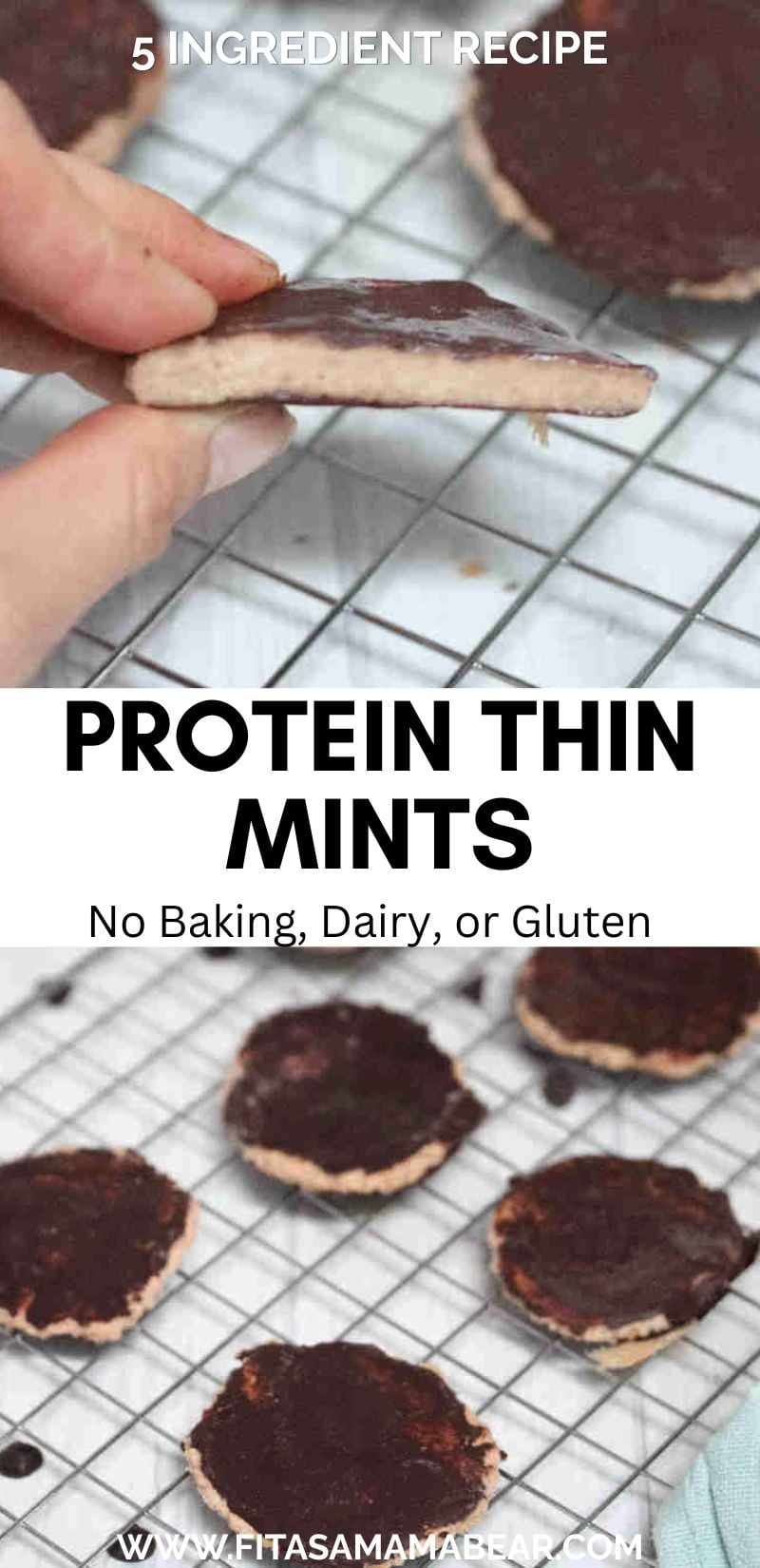 Two images of chocolate coated protein thin mint cookies with text between the images.
