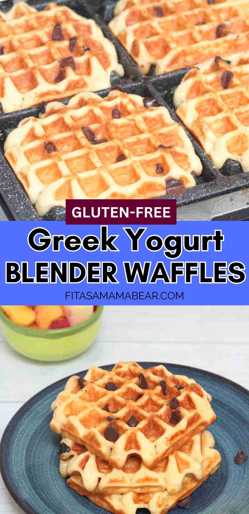 Two images of blender waffles with chocolate chips with text between the images.