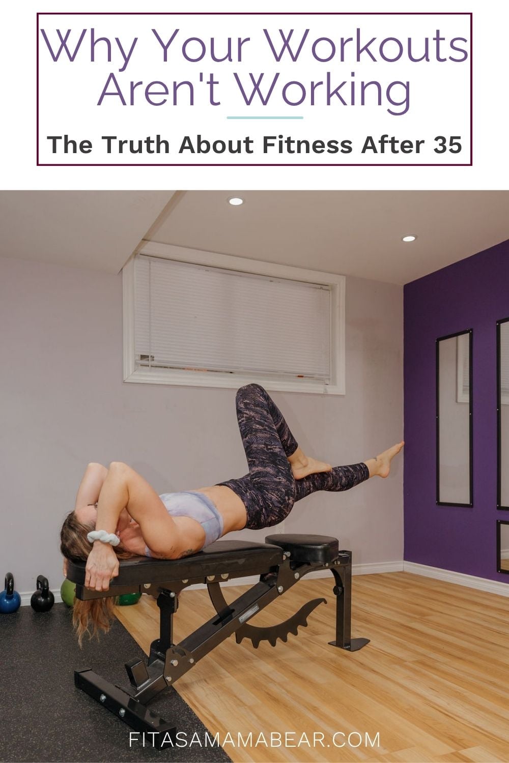 Woman performing an ab exercise on a workout bench with text on the image.