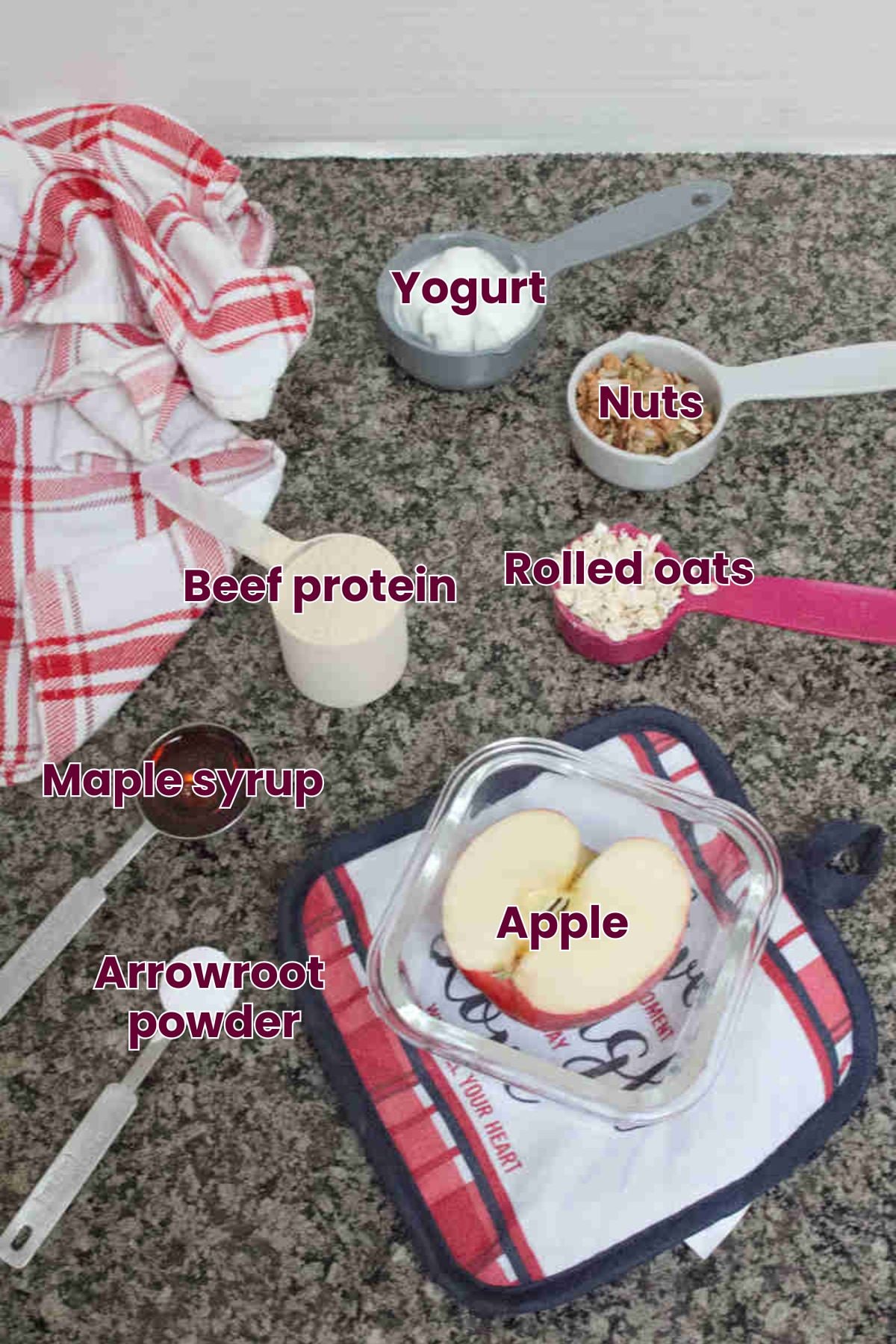 Ingredients like apple, maple syrup, oats, and protein powder with text labels over the top.