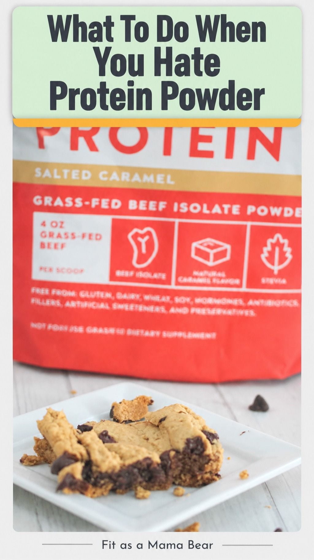 Bag of red beef protein powder with a protein blondie baked good in front of it.