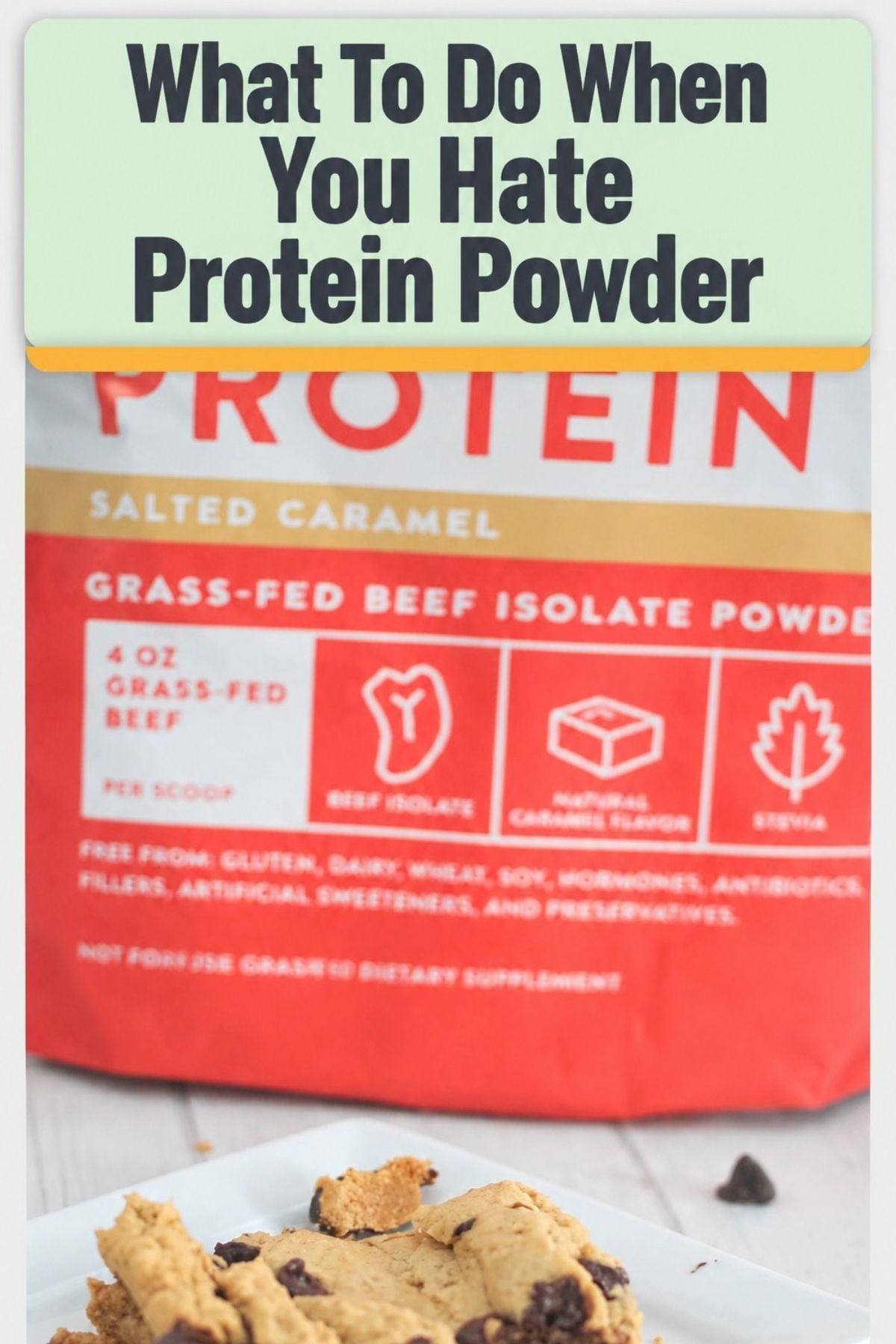 Bag of red beef protein powder with a protein blondie baked good in front of it.