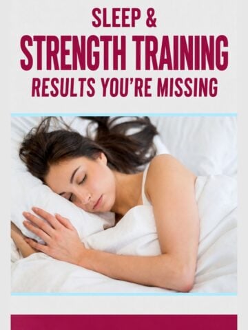 Woman asleep in a white comforter and pillow with text about strength training.