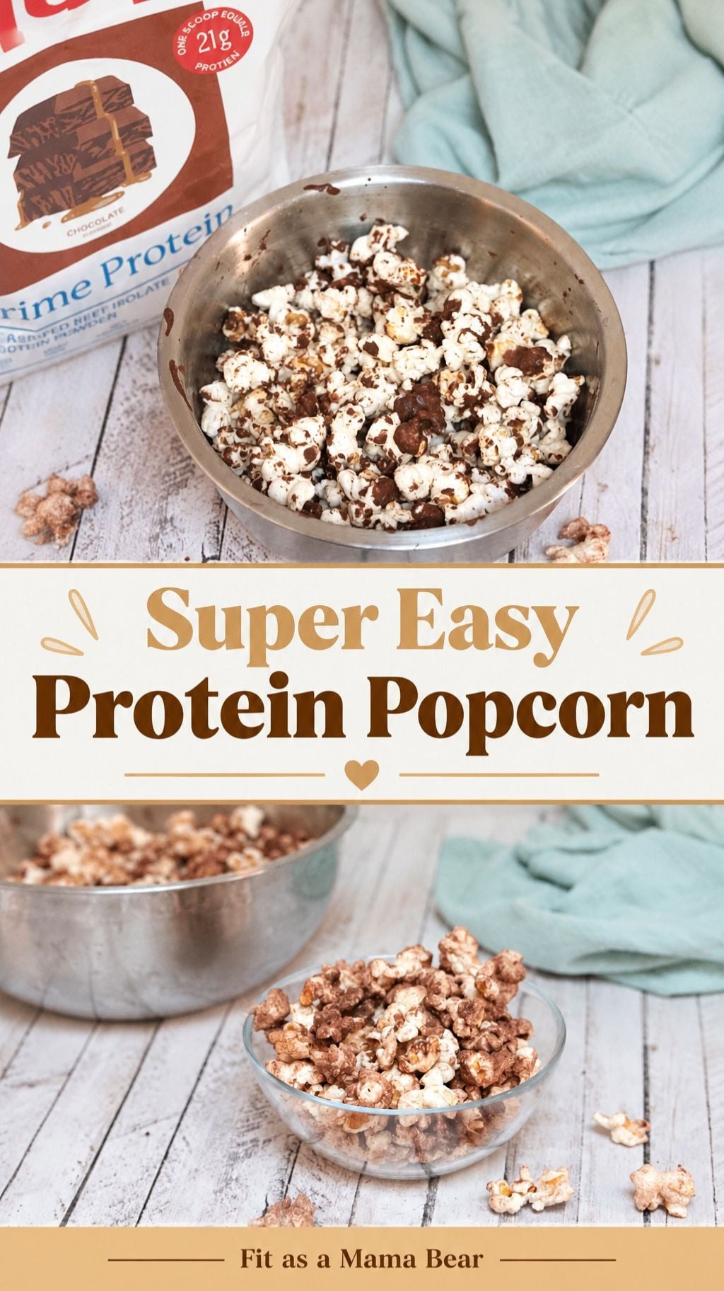Two images of protein popcorn the top with chocolate sauce on it and the bottom just in a glass bowl.