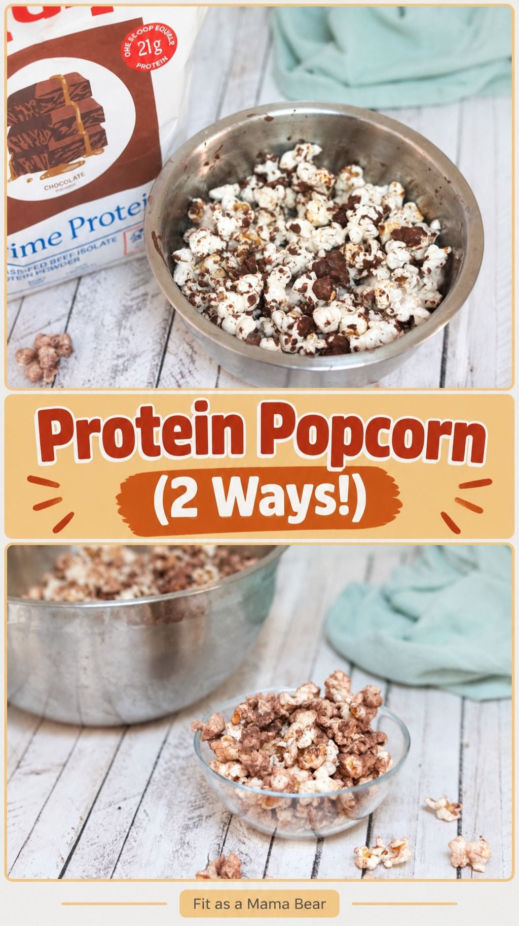 Two images of protein popcorn the top with chocolate sauce on it and the bottom just in a glass bowl.